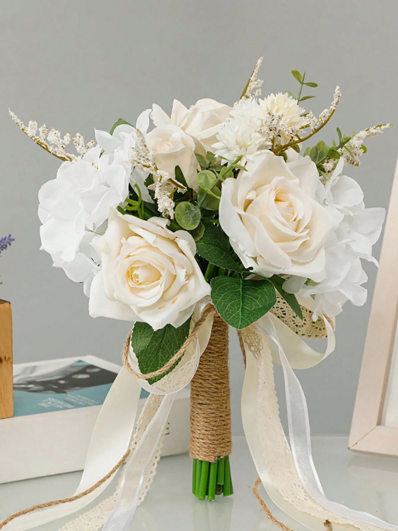 1pc Bride Wedding Bouquet, White Rope Ribbon With Bowknot And Green Leaves, Realistic Rose Rope Bouquet, Rural Style Wedding Bouquet With White Roses For Bridesmaid, Suitable For Wedding Photography With Elegant And Romantic Design.
