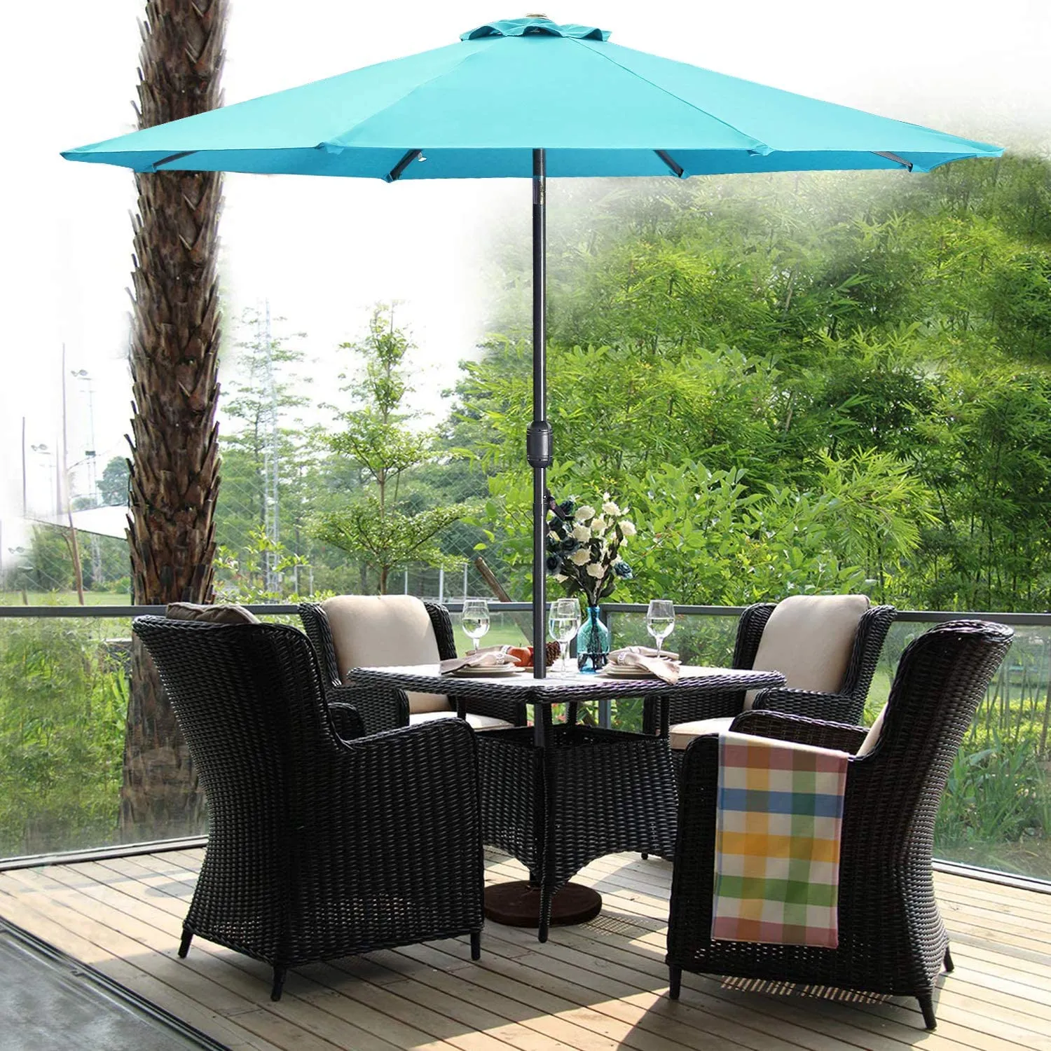 9 ft Patio Umbrella with Solar Lights 32 LED Aluminum Pole 8 Ribs