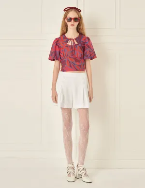 BORA AKSU Bow Tie Round Neck Lantern Sleeve Printed Top