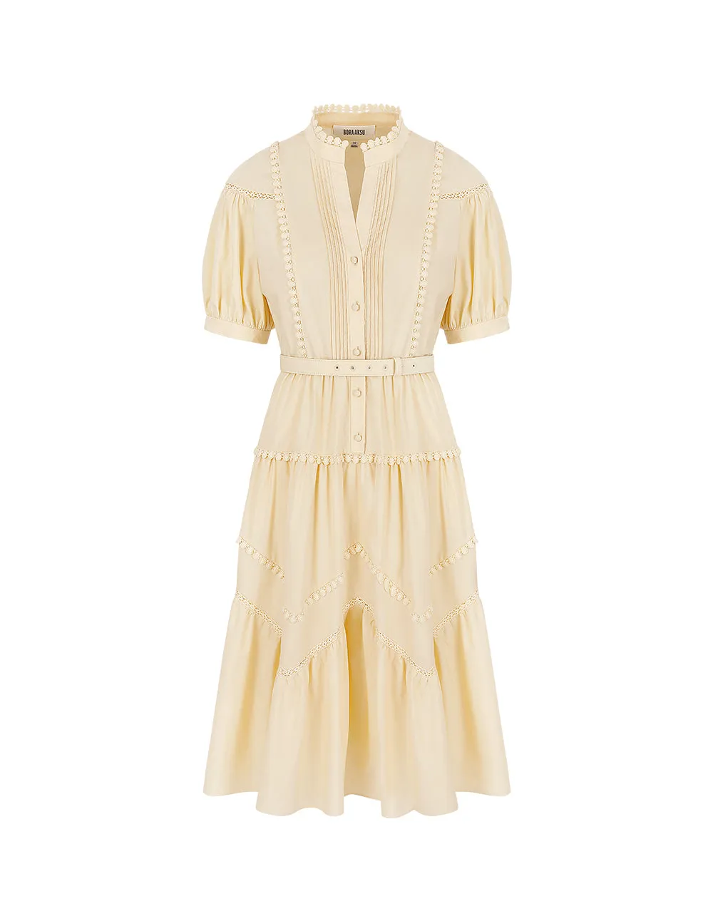 BORA AKSU Puff-Sleeve Shirt-Style Lace-Embellished Pleated Dress