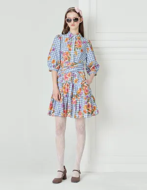 BORA AKSU Shirt Collar Pleated Hem Gingham Printed Dress