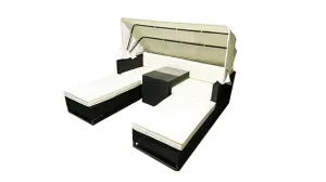 Duoyes Wicker Outdoor Sofa Daybed, Loveseat, Ottomans and Coffee Table Sunbed Modular in Aluminum Frame with Cushions and Shade