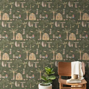 Mithila Indian Sujani Art Deep Green Wallpaper for Wall