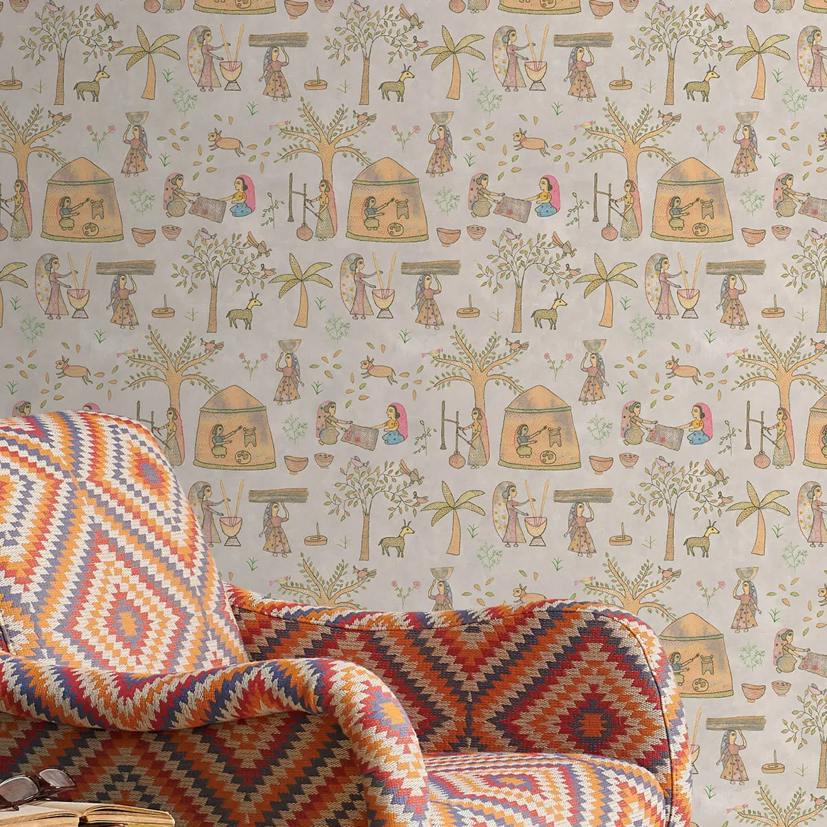Mithila, Indian Sujani Art Wallpaper, Sand Color