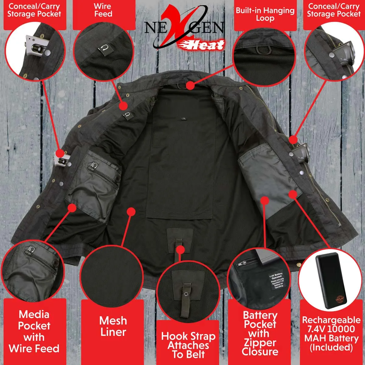 Nexgen Heat NXM1715SET Men's Scorcher Grey Heated Cotton Denim Jacket for Outdoor Activities w/ Battery Pack