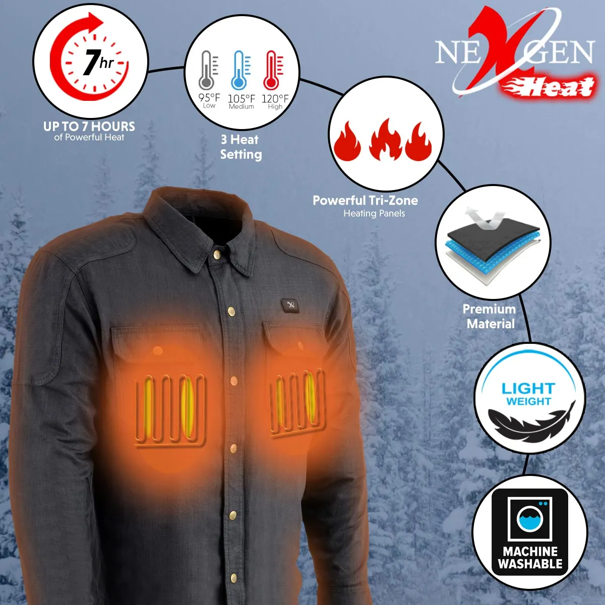 Nexgen Heat NXM1715SET Men's Scorcher Grey Heated Cotton Denim Jacket for Outdoor Activities w/ Battery Pack