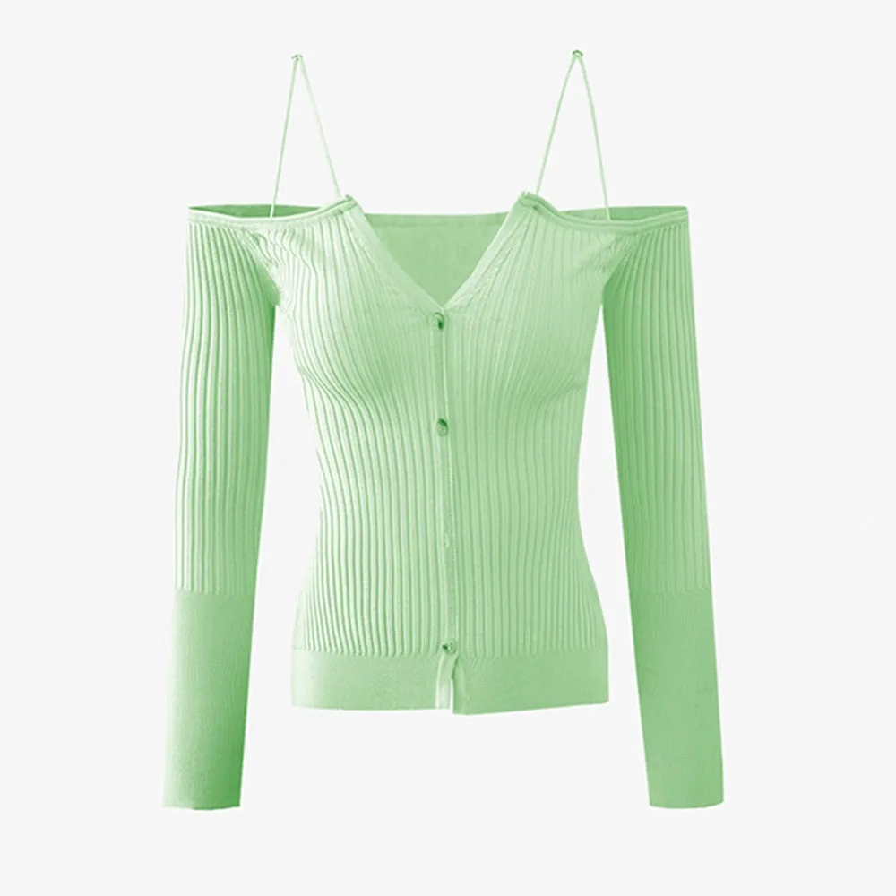 Off Shoulder T Shirt For Women V Neck Long Sleeve Solid Single Breasted Knitting T Shirts Female Clothes Autumn