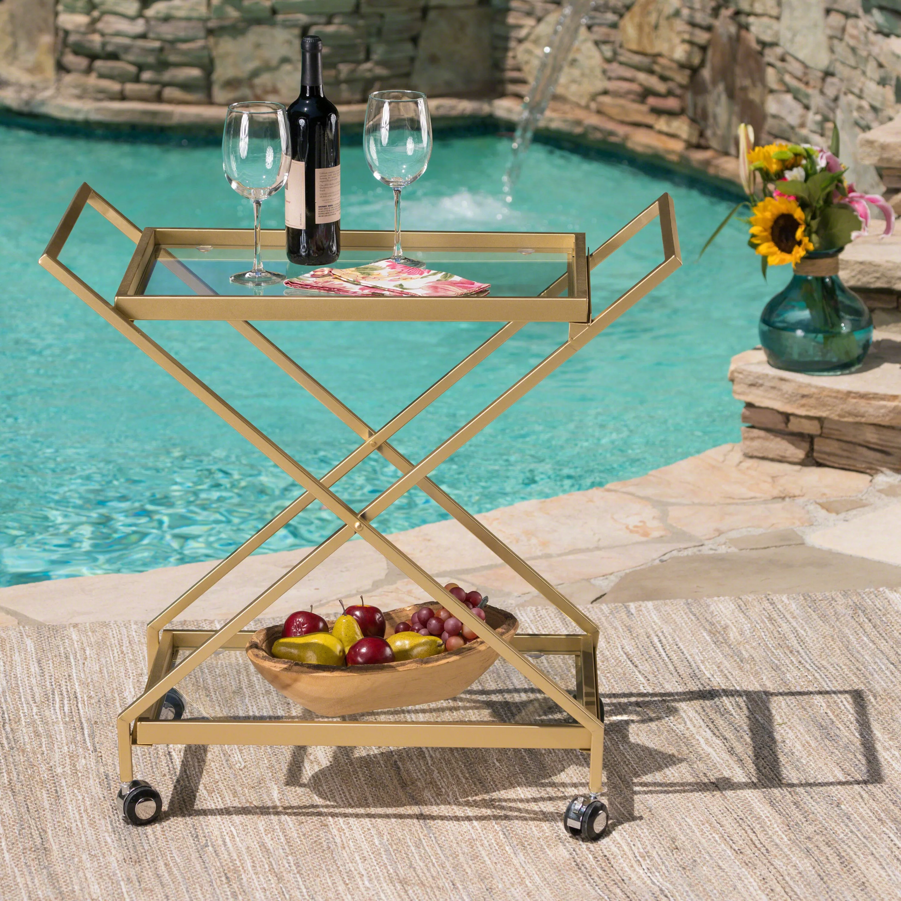 Sherianne Industrial Iron Bar Cart with Tempered Glass