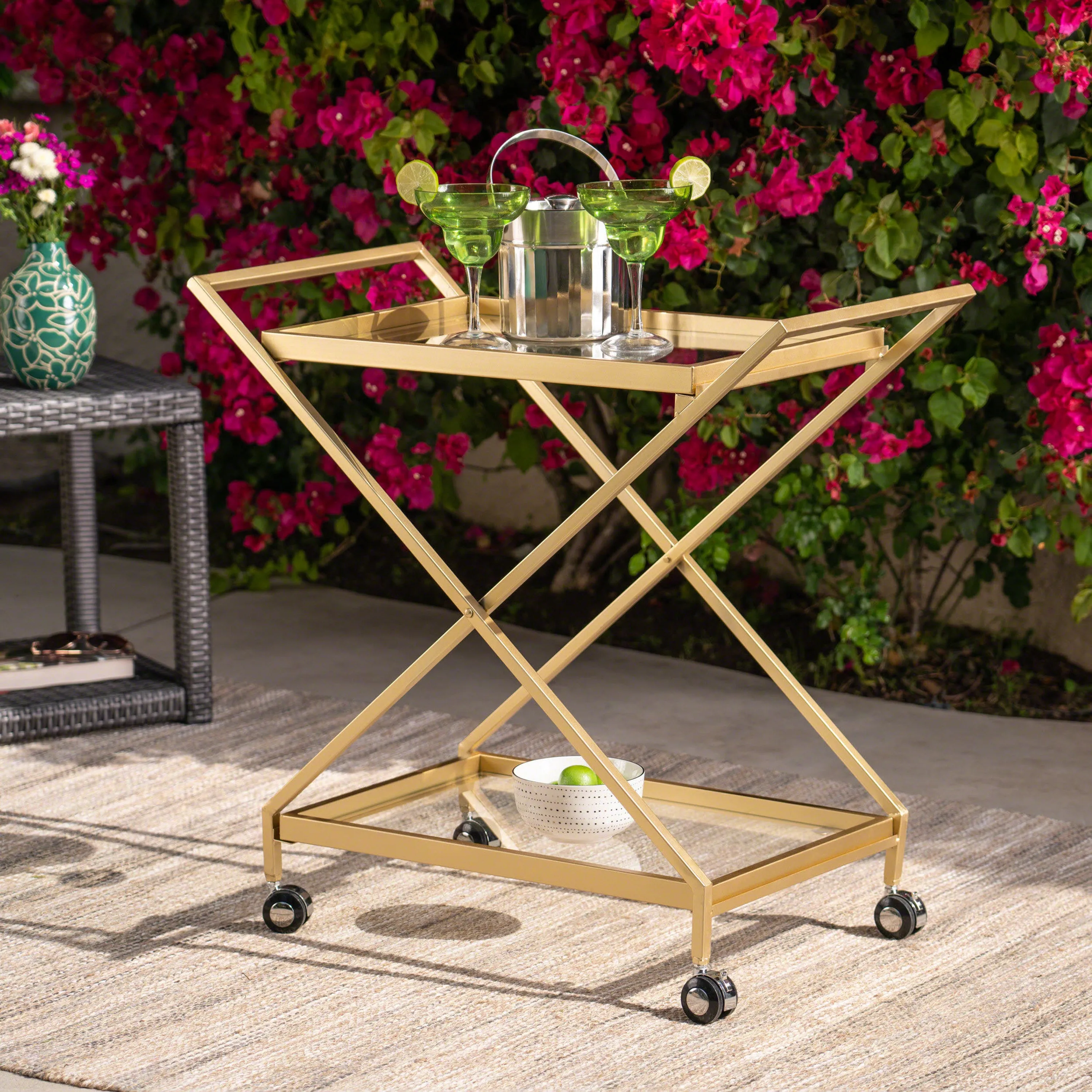 Sherianne Industrial Iron Bar Cart with Tempered Glass