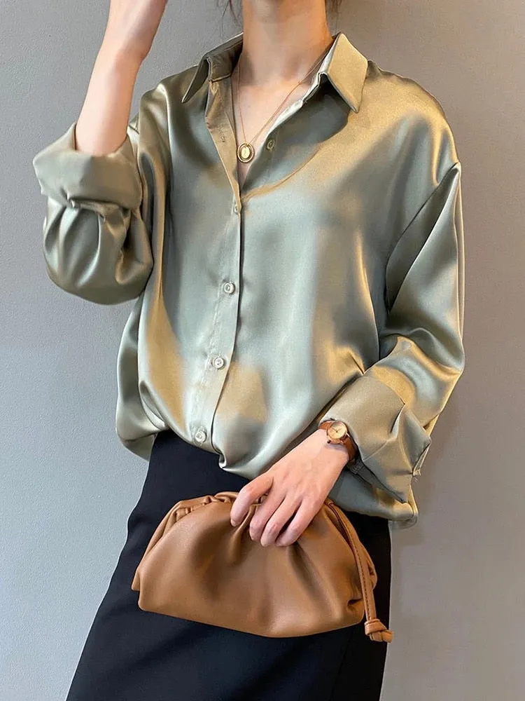 Silk Shirt Women Vintage White Long Sleeves OL Ladies Blouse Loose Spring Designed Button Up Female Top Casual Cotton Shirt