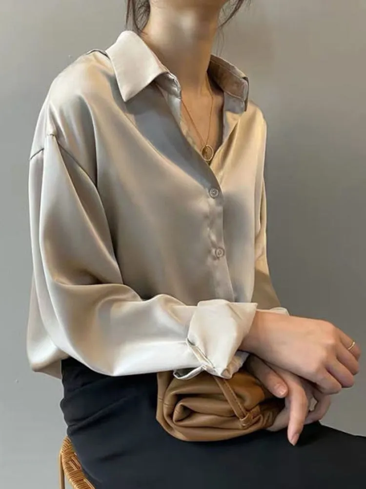 Silk Shirt Women Vintage White Long Sleeves OL Ladies Blouse Loose Spring Designed Button Up Female Top Casual Cotton Shirt