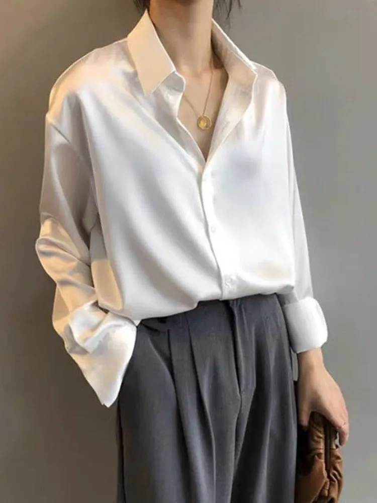 Silk Shirt Women Vintage White Long Sleeves OL Ladies Blouse Loose Spring Designed Button Up Female Top Casual Cotton Shirt