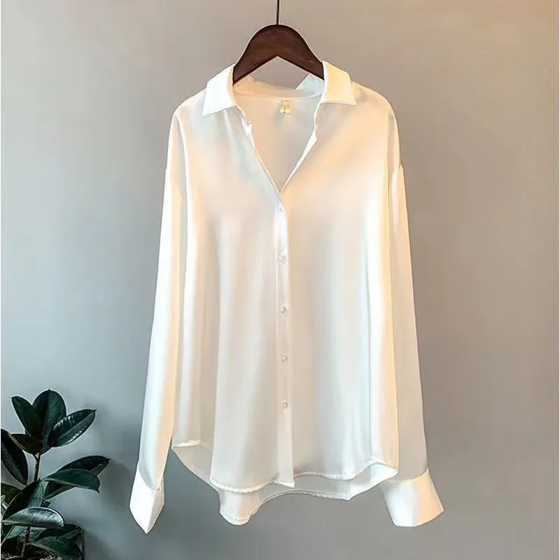 Silk Shirt Women Vintage White Long Sleeves OL Ladies Blouse Loose Spring Designed Button Up Female Top Casual Cotton Shirt