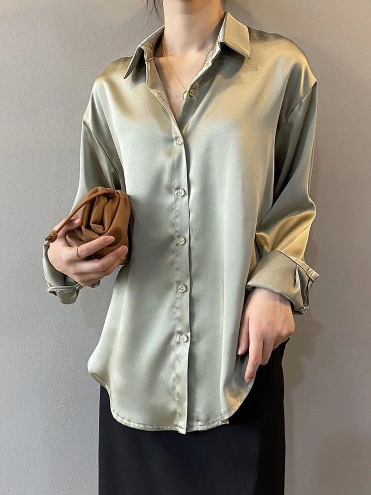 Silk Shirt Women Vintage White Long Sleeves OL Ladies Blouse Loose Spring Designed Button Up Female Top Casual Cotton Shirt