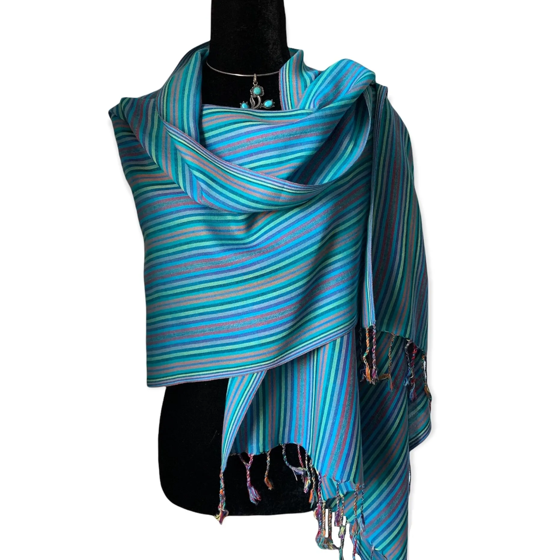 Thin Striped Handwoven Bamboo Viscose Scarf - Shades of Turquoise