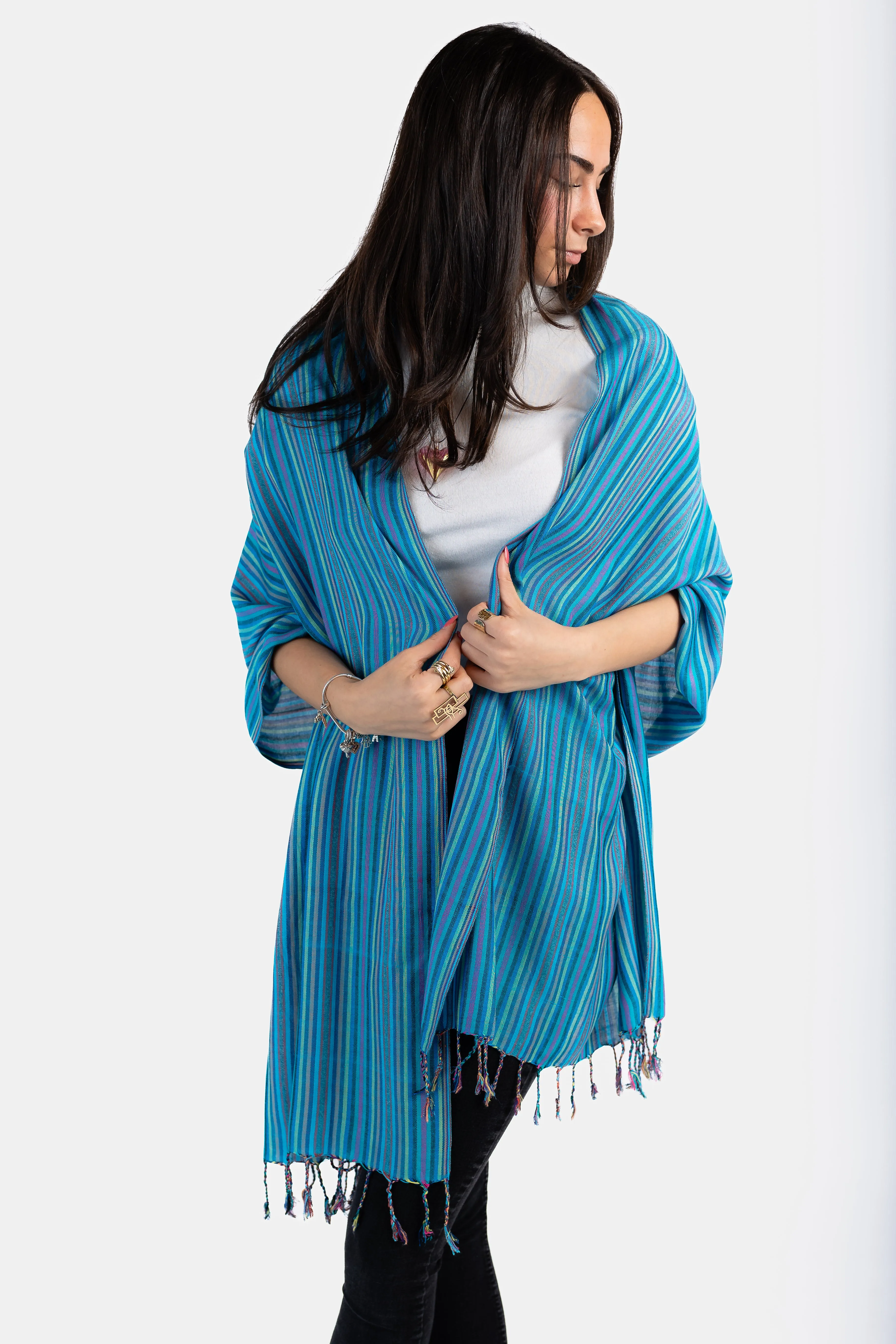 Thin Striped Handwoven Bamboo Viscose Scarf - Shades of Turquoise