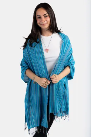 Thin Striped Handwoven Bamboo Viscose Scarf - Shades of Turquoise