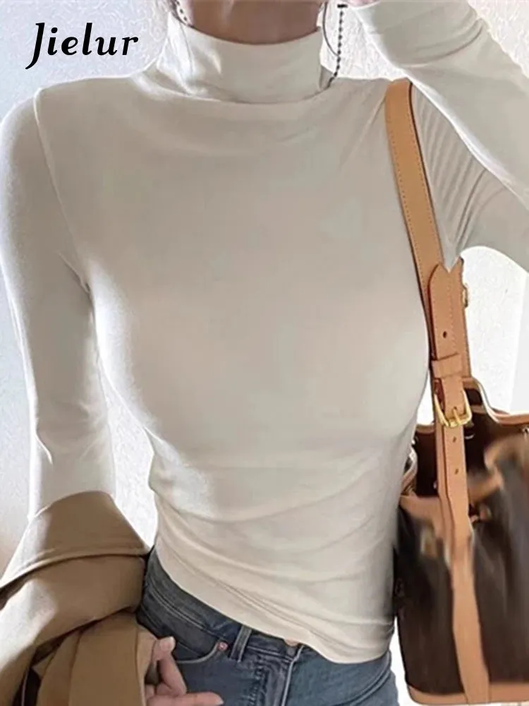 White Long Sleeve Slim Basic Women's T-shirts Solid Color Fashion High Collar Simple Slight Stretch Chic Female Blouses