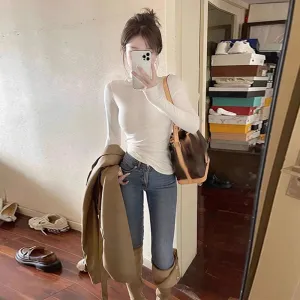 White Long Sleeve Slim Basic Women's T-shirts Solid Color Fashion High Collar Simple Slight Stretch Chic Female Blouses