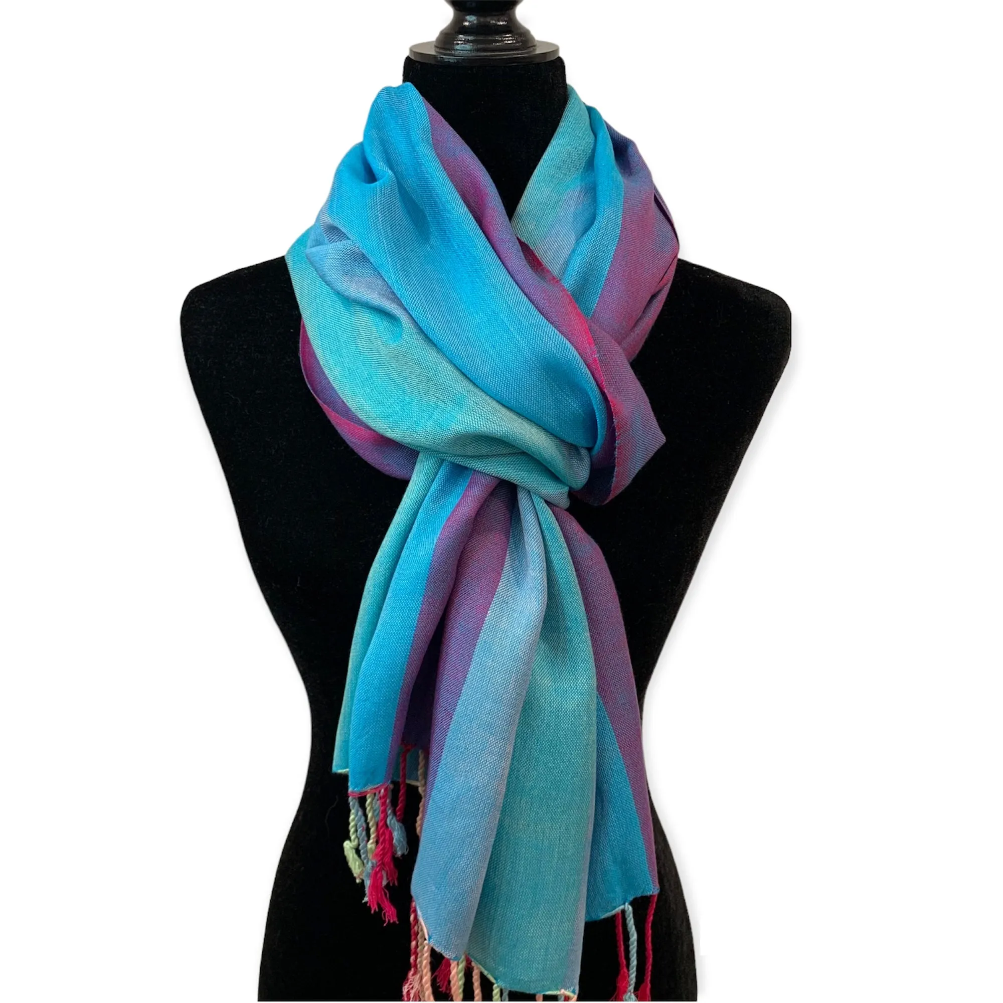 Wide Striped Handwoven Bamboo Viscose Scarf - Turquoise