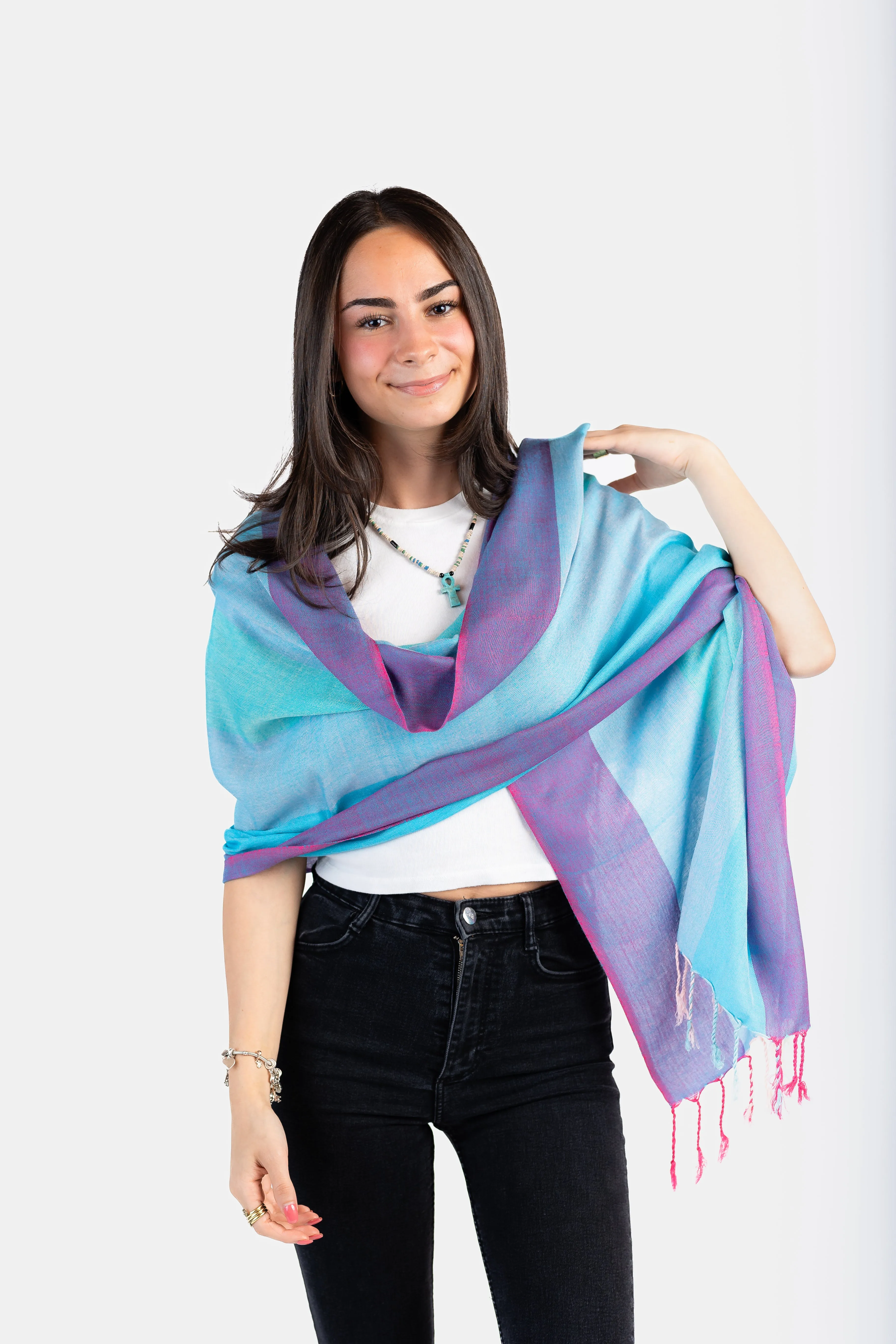 Wide Striped Handwoven Bamboo Viscose Scarf - Turquoise