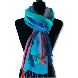 Wide Striped Handwoven Scarf - Shades of Turquoise