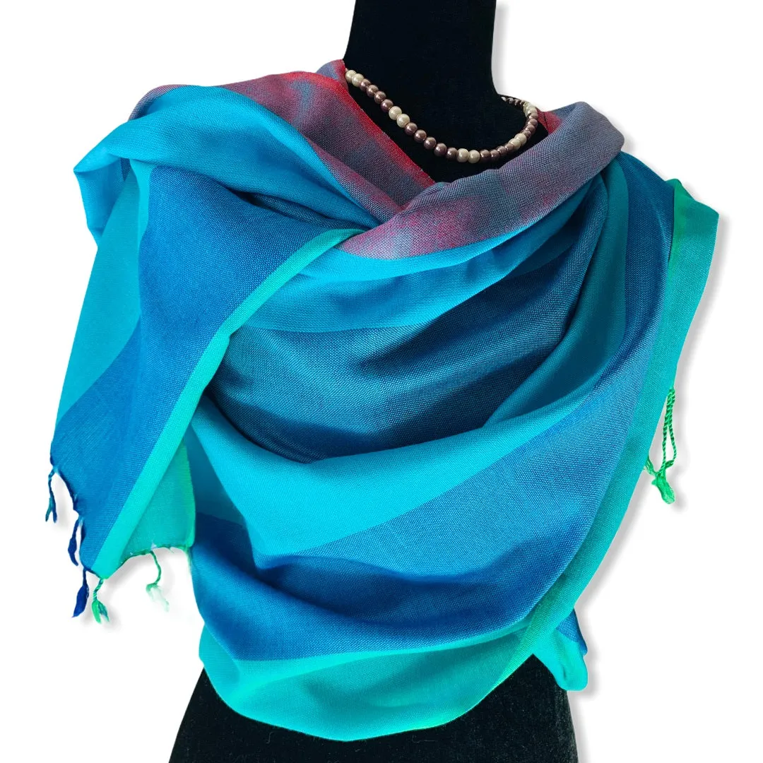 Wide Striped Handwoven Scarf - Shades of Turquoise