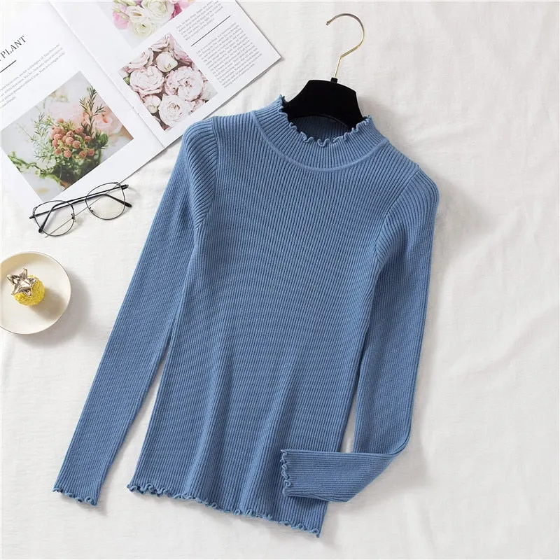 Women Knit Sweater Autumn Long Sleeve Pullover Tops Elastic Ruffles Korean Slim Jumper Fall Solid Ladies Tops