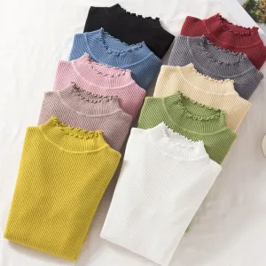 Women Knit Sweater Autumn Long Sleeve Pullover Tops Elastic Ruffles Korean Slim Jumper Fall Solid Ladies Tops