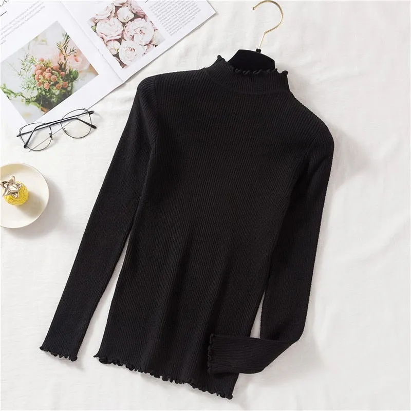 Women Knit Sweater Autumn Long Sleeve Pullover Tops Elastic Ruffles Korean Slim Jumper Fall Solid Ladies Tops