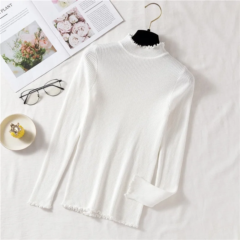 Women Knit Sweater Autumn Long Sleeve Pullover Tops Elastic Ruffles Korean Slim Jumper Fall Solid Ladies Tops