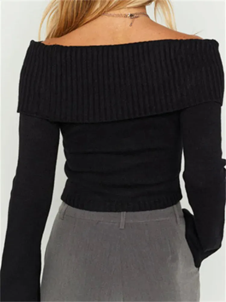 Women Slash Neck Knitted Sweaters Tops Streetwear Long Sleeve Off Shoulder Ribbed Pullovers Slim Fit Causal Jumpers