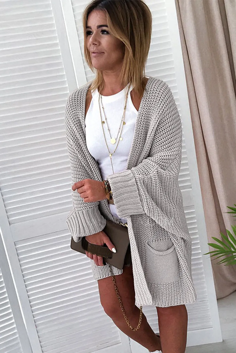 Women's Oversized Fold Over Sleeve Sweater Cardigan with Pockets