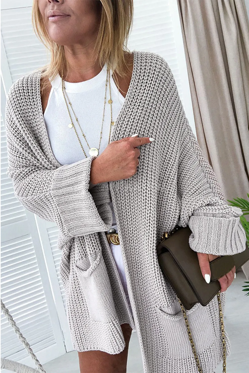 Women's Oversized Fold Over Sleeve Sweater Cardigan with Pockets