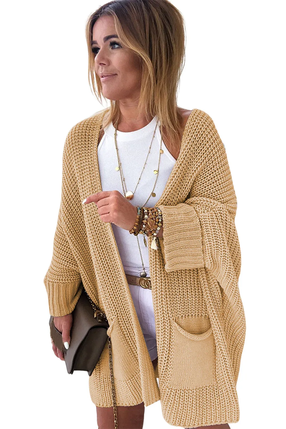 Women's Oversized Fold Over Sleeve Sweater Cardigan with Pockets